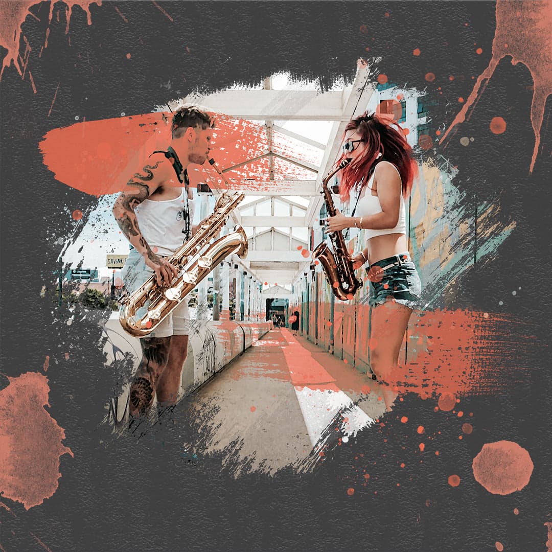2SAXY on a walkway with saxophones